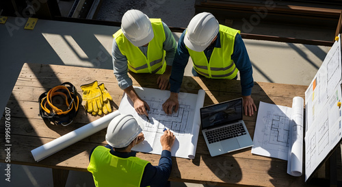 Team of engineer and architects working, meeting, discussing,designing, planning, measuring layout of building blueprints at construction site,Top view,Construction concept.