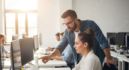 Group of team workers and programmers starting a new project.Senior programmer giving help to beginner.