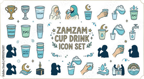 Zamzam cup drink doodle icon set with sacred water Islamic pilgrimage Hajj Umrah editable vector collection