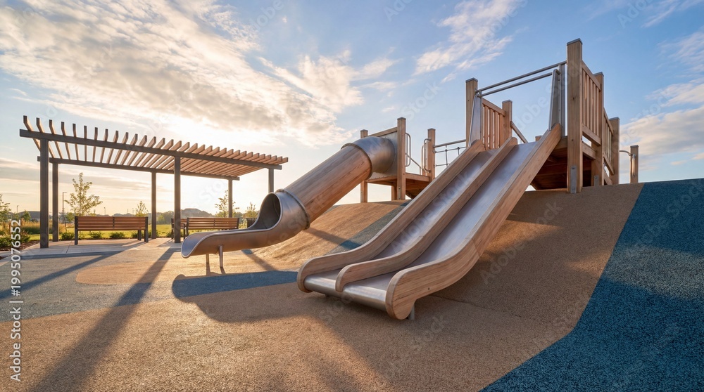 Fototapeta premium Outdoor playground with slides and a shaded area on a sunny day