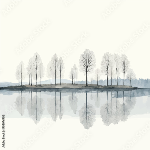 Foto Frozen Lake Reflections, whimsical watercolor vector illustration with vibrant highlights and delicate strokes, isolated on a white background
