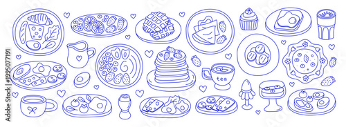Set of cute hand drawn breakfast meals on plates in Mediterranean style isolated on white background. Doodle porridge, cheese pancakes, blini, fried eggs, sausage, cheese slices, salami, croissant.