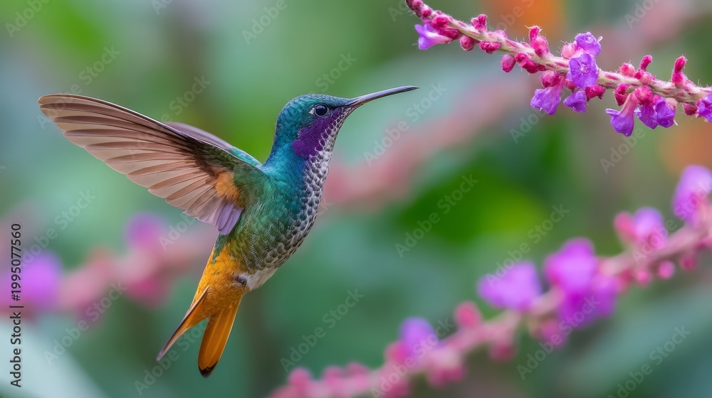 Fototapeta premium A Ruby-throated hummingbird flying near beautiful flowers in a tropical jungle