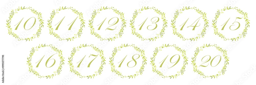 Fototapeta premium Watercolor green leaf wreath numbers set from 10 to 20, botanical numeric collection for wedding table numbers, anniversary, invitations and decorative design