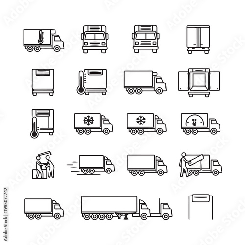 Refrigerated truck icons with climate control and loading logistics