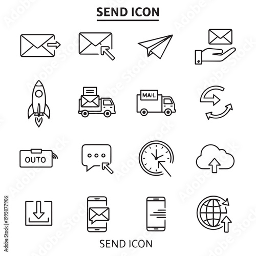 Set of clean line icons representing sending mail and digital communication concepts