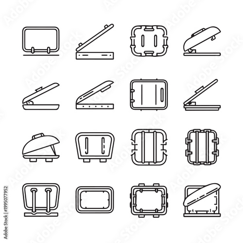 Set of Document Paper Stapler and Puncher Icons in Outline Style