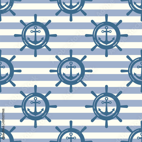 Blue ship's wheels, anchors, and horizontal stripes isolated on a white background. Seamless pattern. Vector simple flat graphic illustration. Texture.