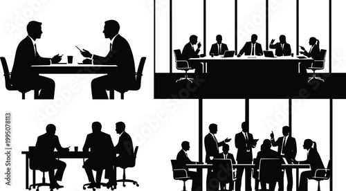 Business meeting silhouettes showing collaboration and discussion in a modern office environment, vector illustration.