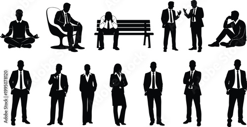 Diverse business professionals in silhouette, showcasing various states of mind and actions, from meditation to stress.