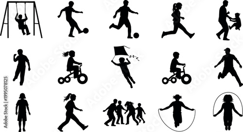 Black silhouette collection children engaging in various outdoor play activities