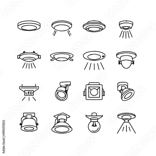 Set of modern recessed and surface-mounted ceiling light fixtures with light beams in a clean line art style