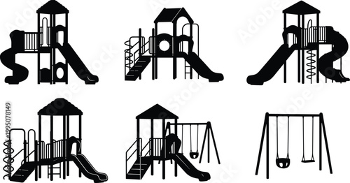 Collection of playground equipment silhouettes, including slides, swings, and climbing structures for outdoor fun.