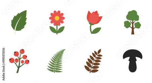Nature Icons: Flowers, Leaves, Tree, Berries, Fern, Branch, Mushroom