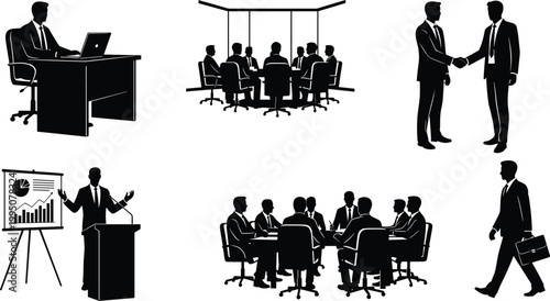 Business meeting and handshake silhouettes, representing corporate deals, presentations, and professional networking.