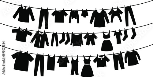 Clothesline silhouette with various garments hanging to dry, representing laundry, domestic chores, and everyday life.