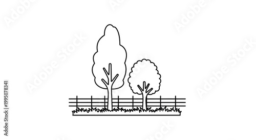 Simple Line Drawing of Trees and Fence on White Background