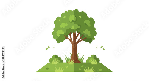 Stylized Green Tree on Hill with Grass and Bushes, Flat Design