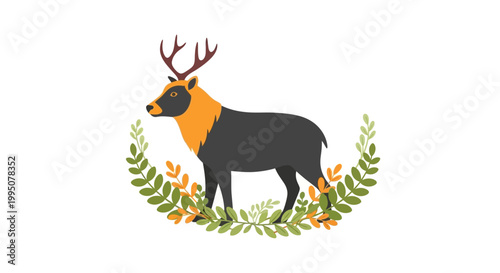 Stylized Deer with Antlers and Autumn Leaves Wreath