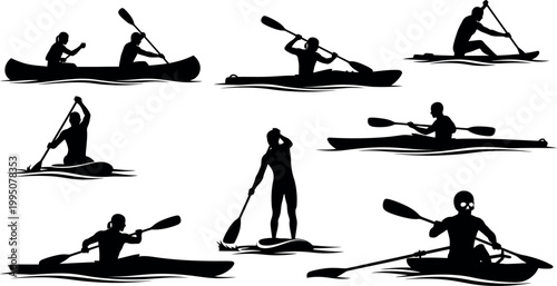 Silhouettes of people enjoying various water sports on a calm body of water