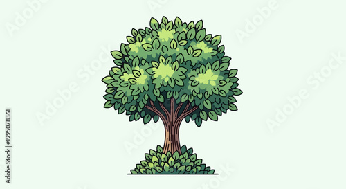 Stylized Green Tree with Lush Foliage and Bushy Base, Isolated on Light Background
