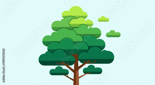 Stylized Green Tree with Clouds in Flat Design - Eco Concept