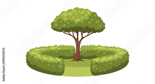 Stylized Tree Surrounded by Circular Hedge in Garden