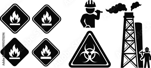Set of industrial hazard warning symbols including flammable, biohazard, and factory worker icons with smoke stacks.