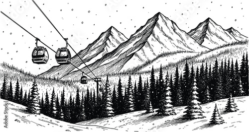 Bild auf Leinwand Hand Drawn Winter Ski Resort Landscape Featuring Snow Capped Mountain Peaks Pine