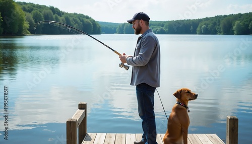 Man fishing from dock with dog watching water in nature setting  