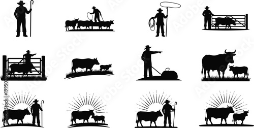Collection of silhouette icons depicting cowboys and cattle in various ranching and farming activities, including herding and working with livestock.