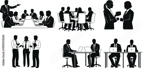 Diverse business people in silhouette, collaborating in meetings and one-on-one discussions, representing corporate environments and teamwork.