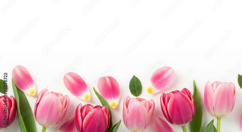 Fototapeta premium Isolated Pink tulips, web banner border for spring, Mothers day, Womens day 