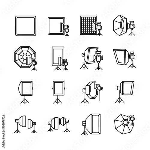 Studio Lighting Equipment Icons with Softboxes and Umbrellas on Stands