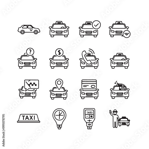 Taxi service icons with car symbols and transportation concepts in a clean line art style