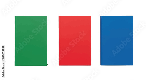 Minimalist graphic illustration of three distinct colored books vertically aligned on a clean white background