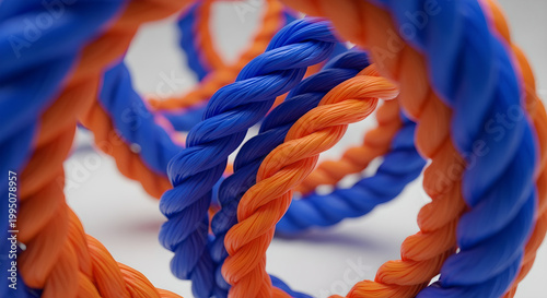 Vibrant blue and orange ropes intertwined in a complex pattern on a white surface, showcasing texture and color.