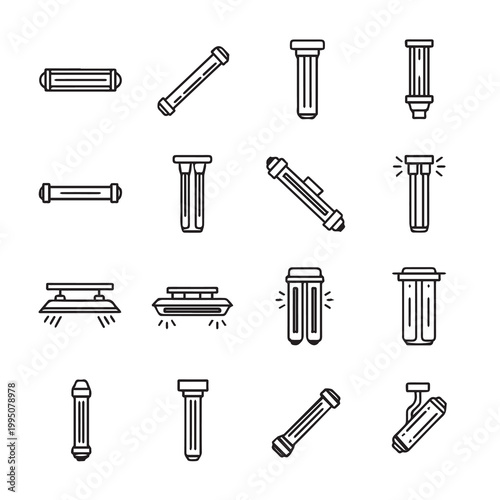 Various fluorescent light tube and fixture icons in a clean line art style for design