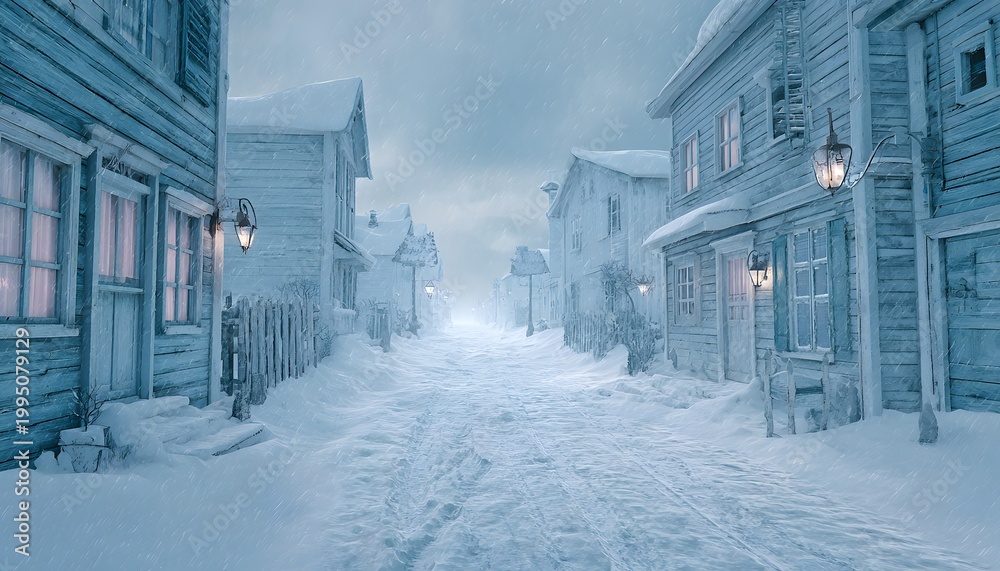 Fototapeta premium A serene winter scene featuring a quaint snow-covered village with wooden buildings and soft, glowing lamplights illuminating the chilly atmosphere