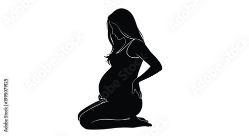 Minimalist vector illustration of a pregnant woman kneeling while resting her hand on her belly
