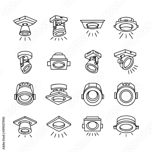 Various recessed and surface mounted spotlight fixtures shown in a clean line art illustration