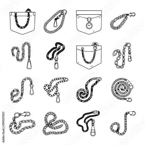 Various purse chains and handles with clasps and zippers isolated on white background line art