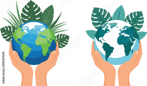 Human Hands Holding Planet Earth With Tropical Green Leaves For Earth Day Ecology And Environmental Conservation Concept