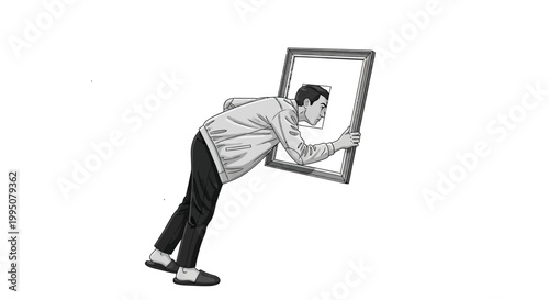 Surreal vector illustration of a man stepping through a floating picture frame into another dimension