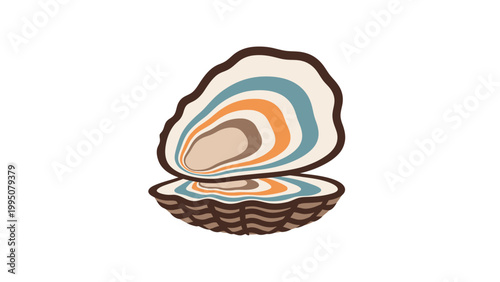 Stylized open oyster with layered, colorful interior