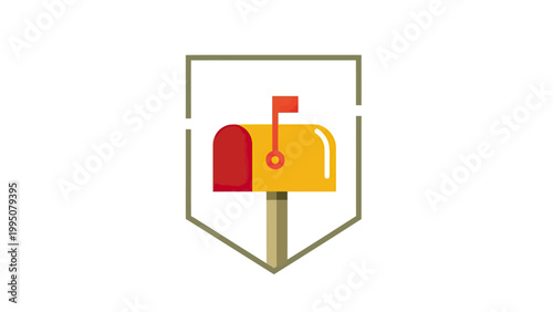 A yellow and red mailbox with a flag stands within a shield