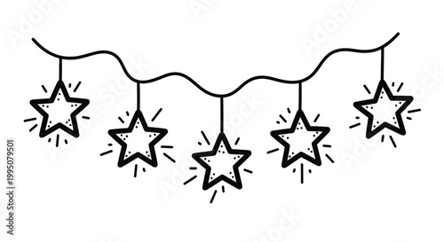Whimsical doodle style vector graphic featuring a string of shining stars for celebration design.