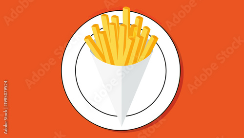 A white paper cone filled with golden french fries rests on a white plate