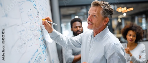 A team collaborates in a modern office space, brainstorming ideas and strategies on a whiteboard. Engaged professionals discuss solutions and innovate together for success.