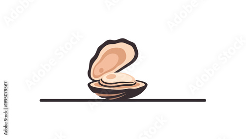 A stylized illustration of an open oyster, revealing its edible contents